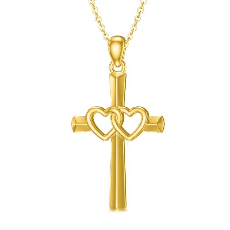 10K Gold Cross Heart With Heart Pendant Necklace For Women-18