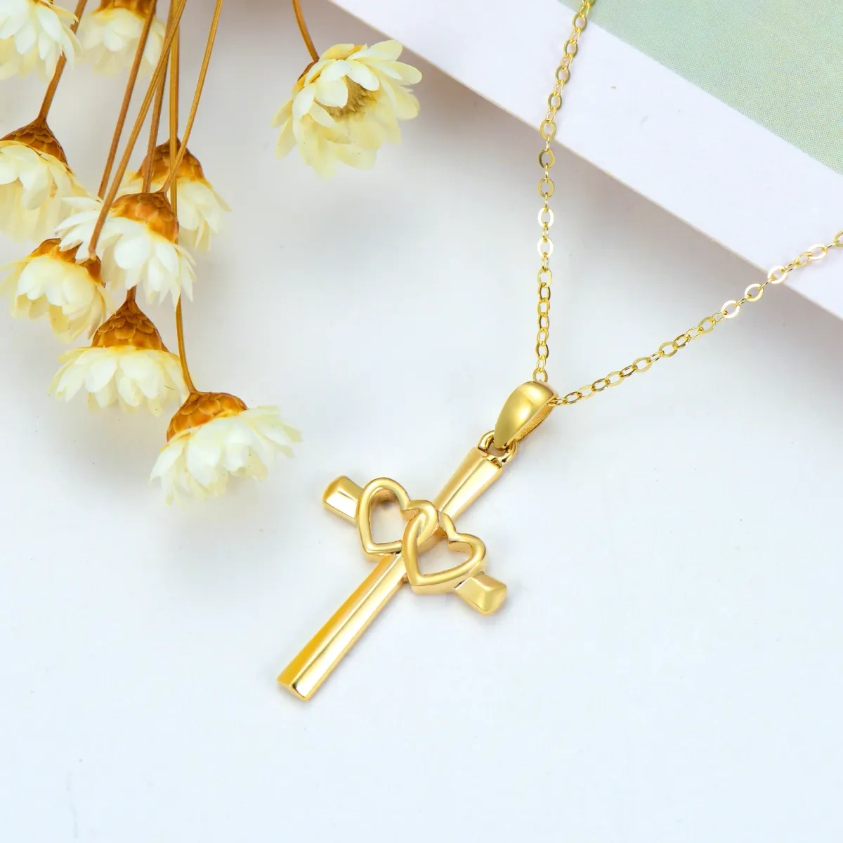 10K Gold Cross Heart With Heart Pendant Necklace For Women-4