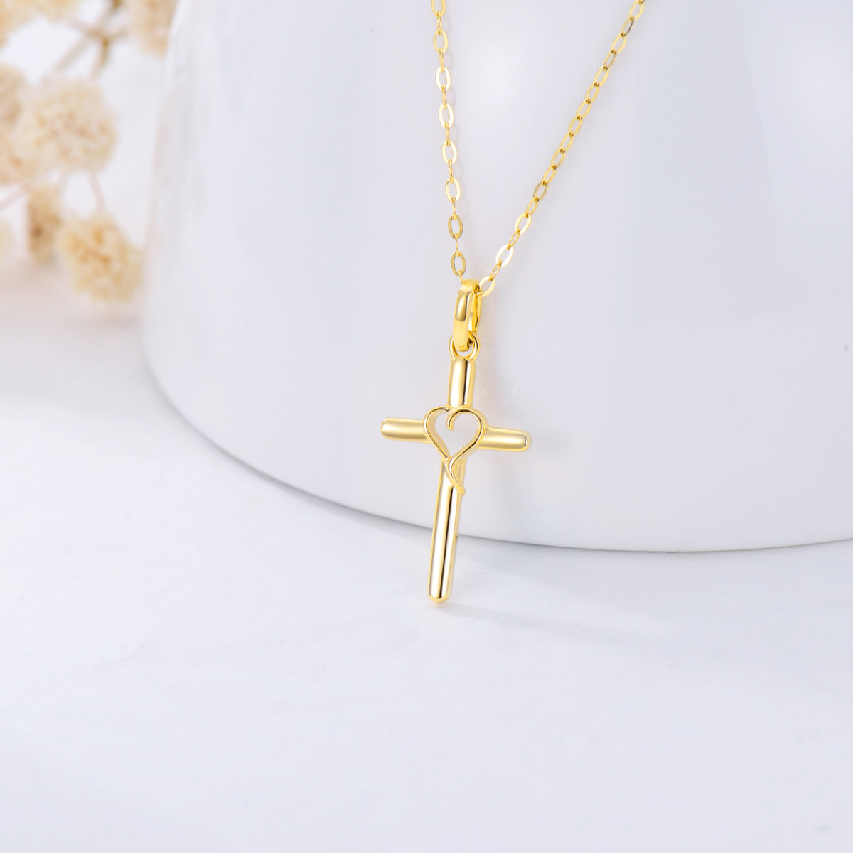 10K Gold Cross & Heart Pendant Necklace-3