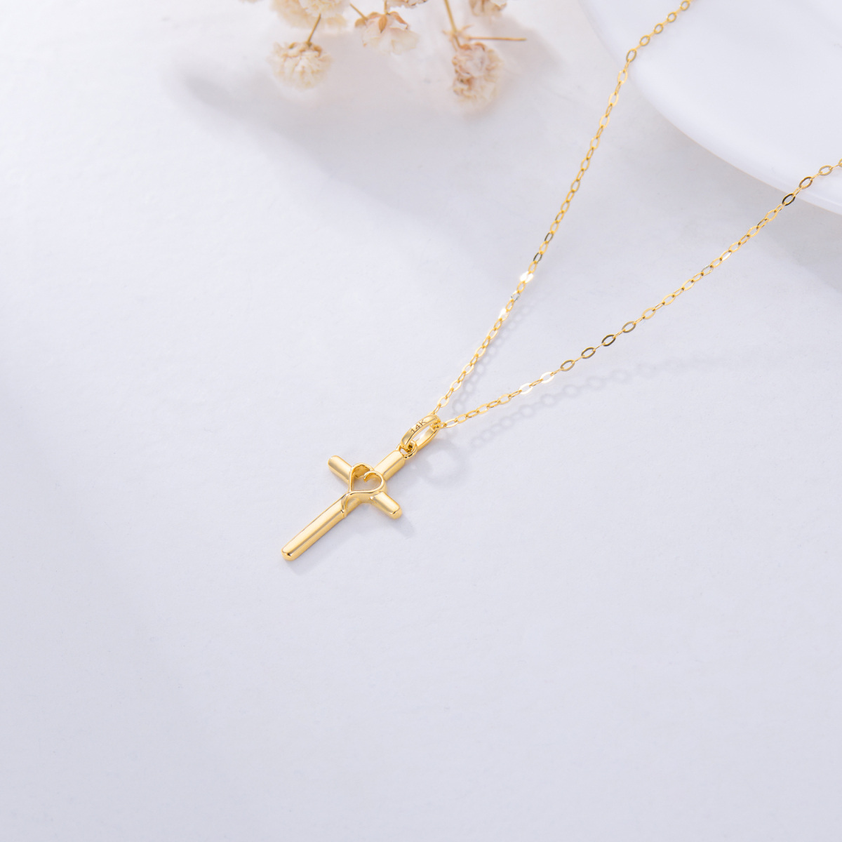 10K Gold Cross & Heart Pendant Necklace-4