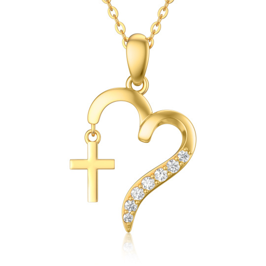 Collana con ciondolo a forma di croce e cuore in oro 14K con zirconia cubica