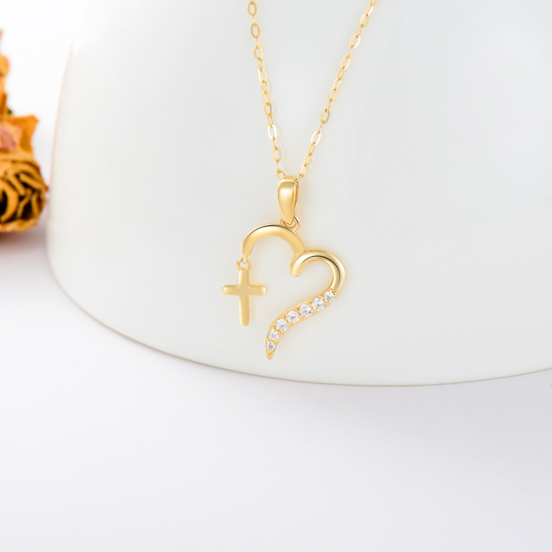 10K Gold Cubic Zirconia Cross & Heart Pendant Necklace-3