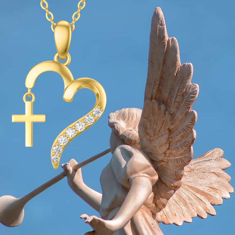 10K Gold Cubic Zirconia Cross & Heart Pendant Necklace-5