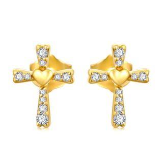 10K Gold Cubic Zirconia Cross & Heart Stud Earrings-57