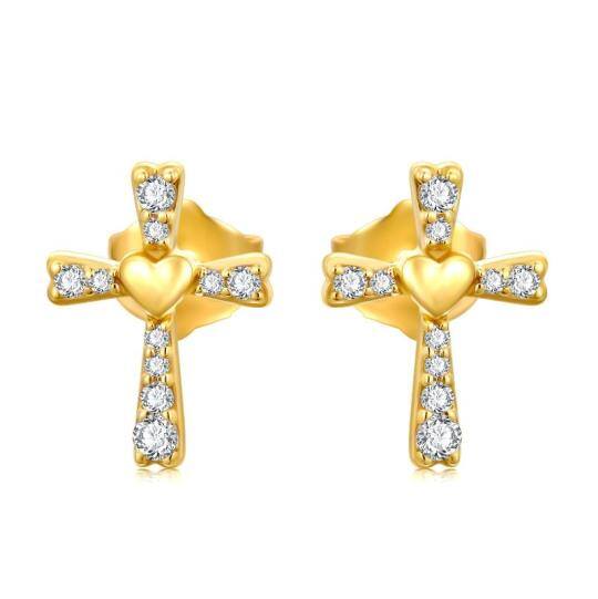 10K Gold Cubic Zirconia Cross & Heart Stud Earrings