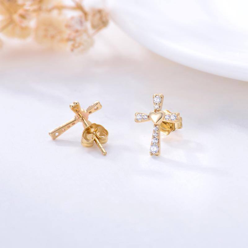 14K Gold Cubic Zirconia Cross & Heart Stud Earrings-3