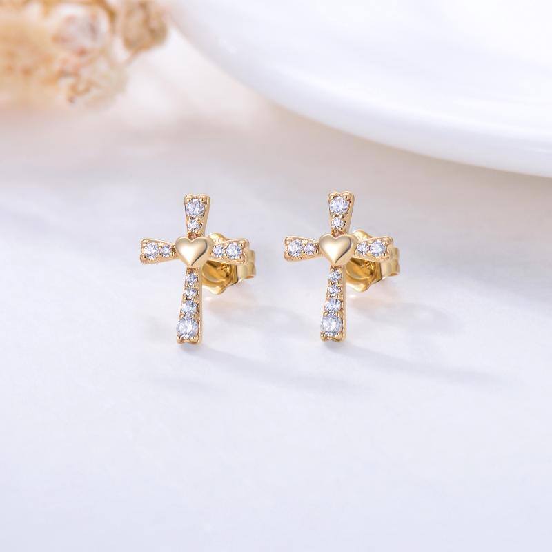 14K Gold Cubic Zirconia Cross & Heart Stud Earrings-4