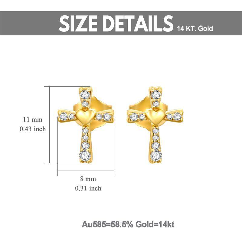 14K Gold Cubic Zirconia Cross & Heart Stud Earrings-5