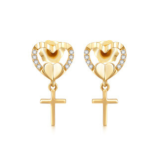 10K Gold Cubic Zirconia Cross & Heart Stud Earrings-60