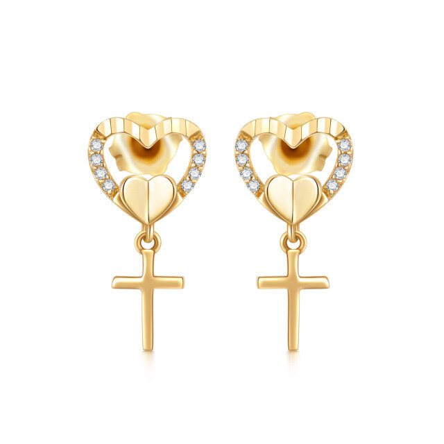 Boucles d'oreilles à tige en or 14 carats avec croix et cœur en zircone cubique