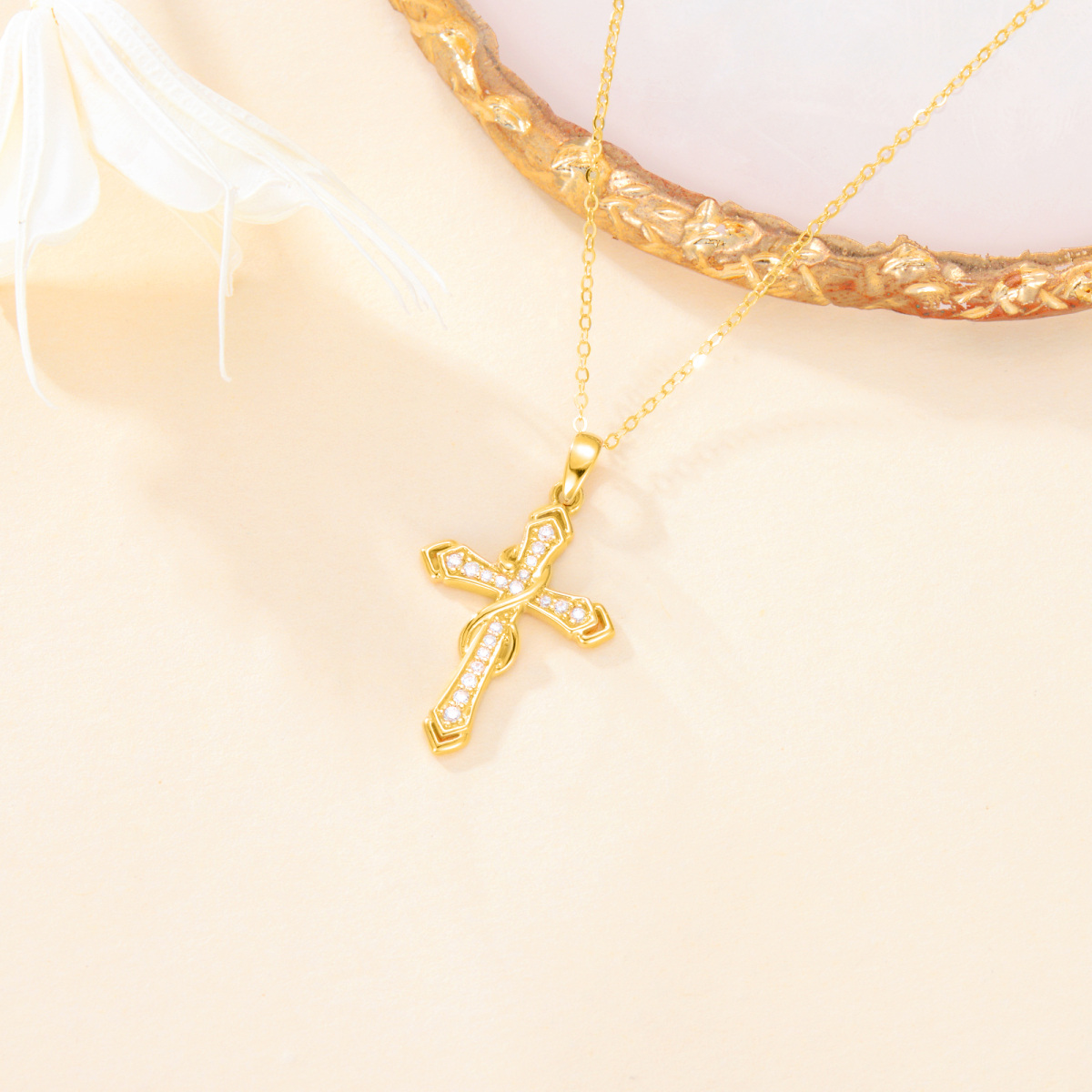 10K Gold Cubic Zirconia Cross Infinity Symbol Necklace for Women-5