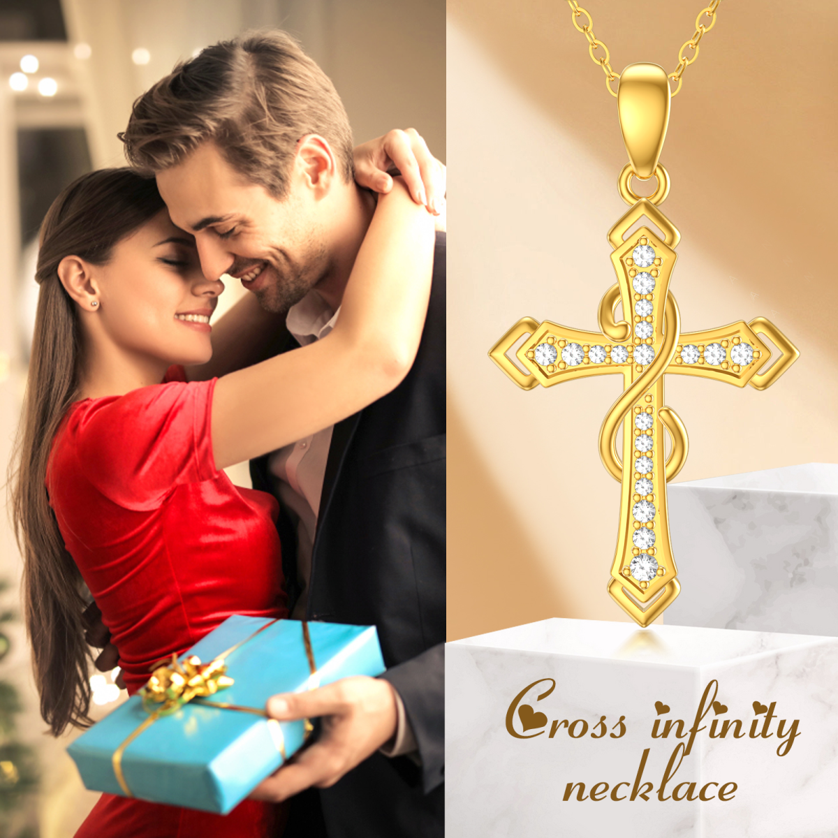 10K Gold Cubic Zirconia Cross Infinity Symbol Necklace for Women-6