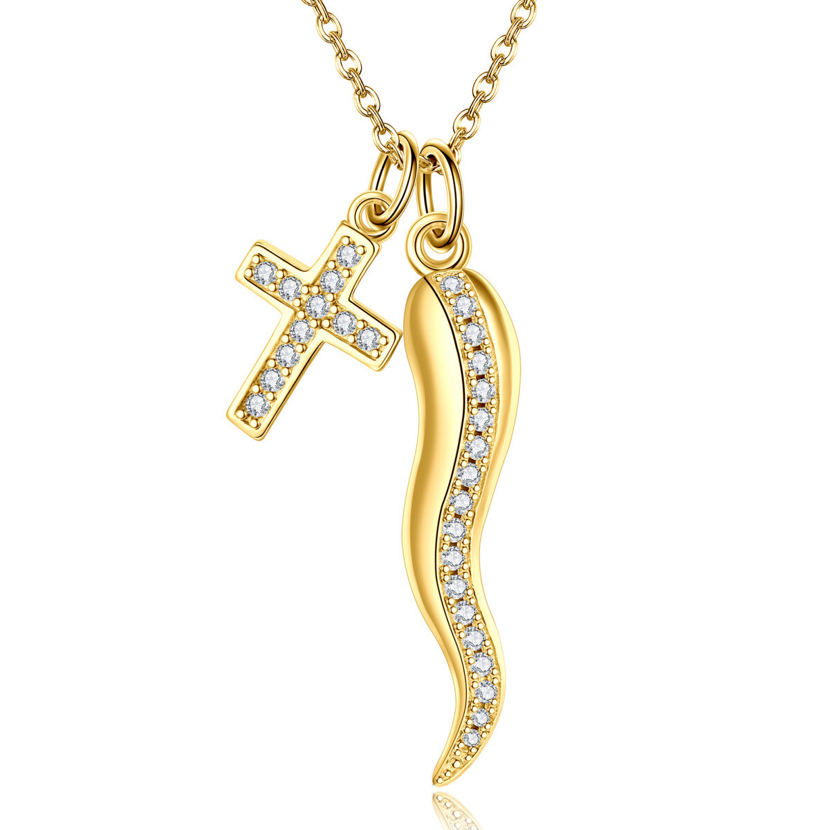 Gold Vermeil Cubic Zirconia Cross Italian Horn Necklace for Women-1