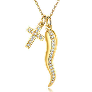 Gold Vermeil Cubic Zirconia Cross Italian Horn Necklace for Women-7