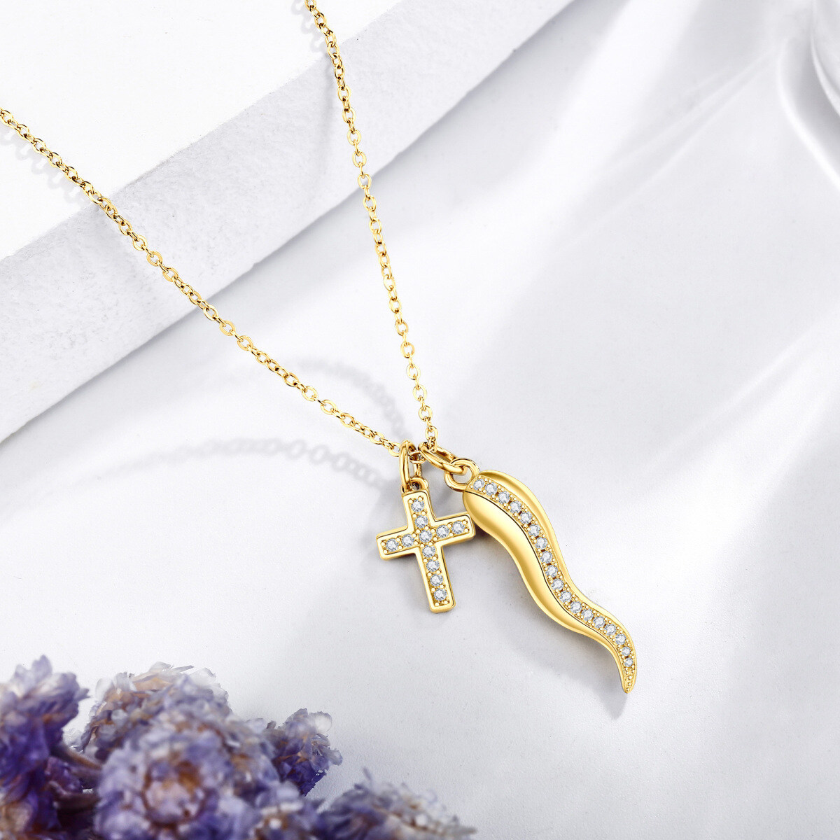 Gold Vermeil Cubic Zirconia Cross Italian Horn Necklace for Women-3