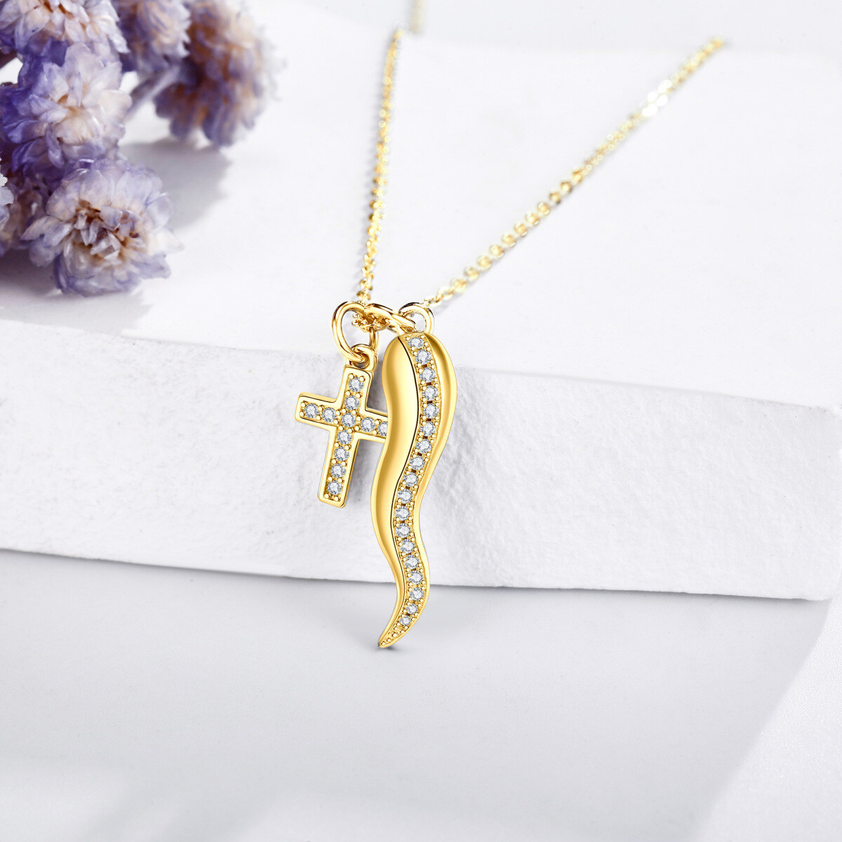 Gold Vermeil Cubic Zirconia Cross Italian Horn Necklace for Women-4