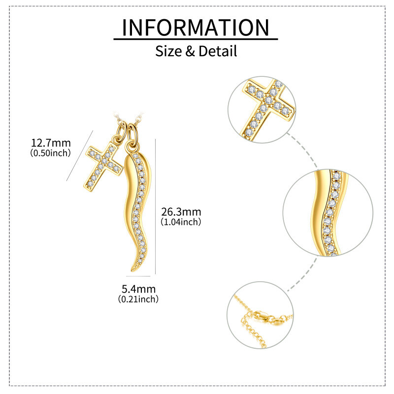 Halskette aus 18-karätigem Gold mit Zirkonia-Kreuz und italienischem Horn für Damen-5