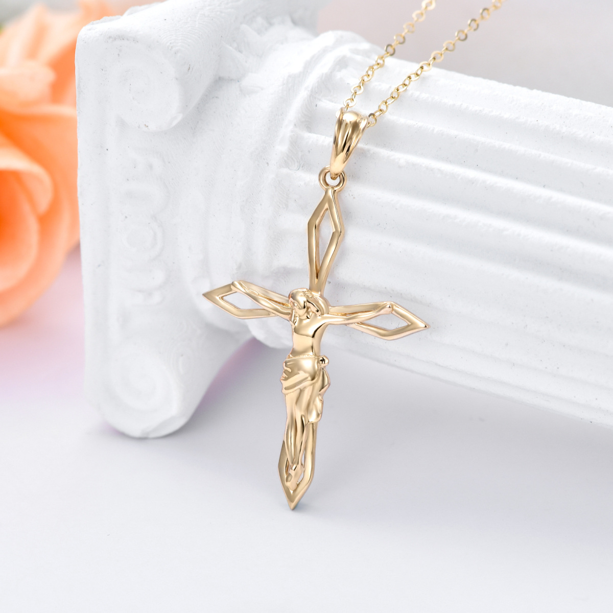 14K Gold Cross & Jesus Pendant Necklace-2