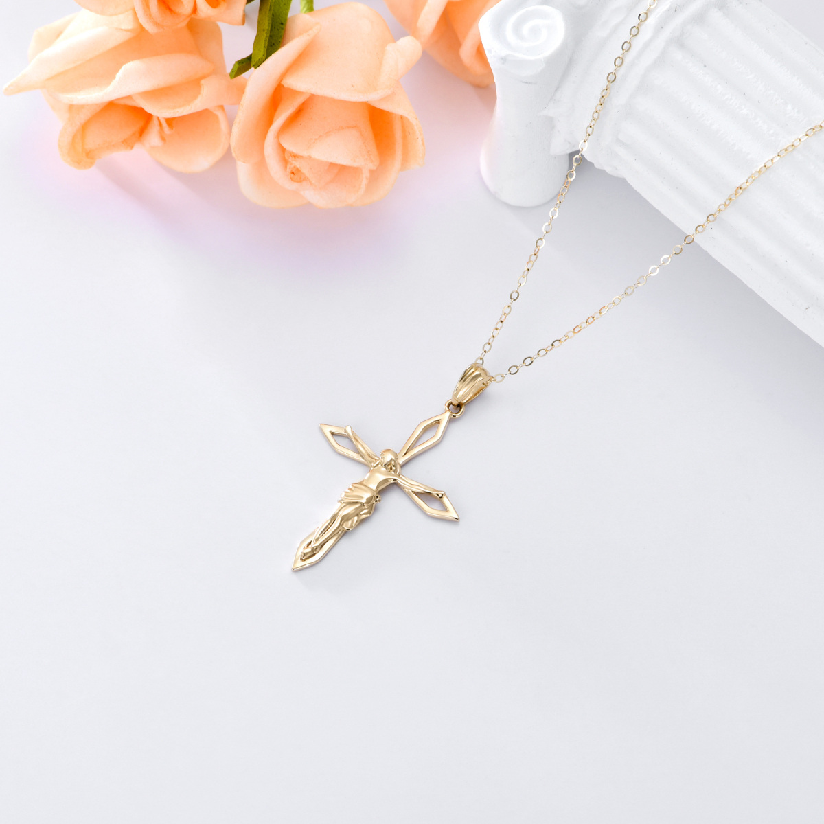 14K Gold Cross & Jesus Pendant Necklace-3