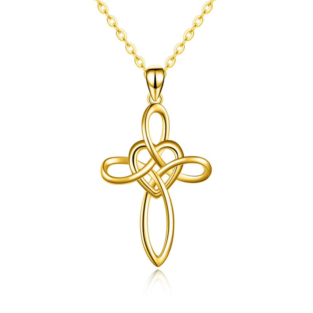 10K Gold Cross Knot & Heart Pendant Necklace-1