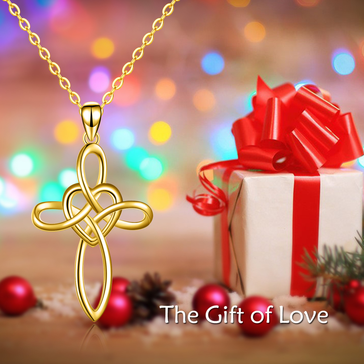 14K Gold Cross Knot & Heart Pendant Necklace-3