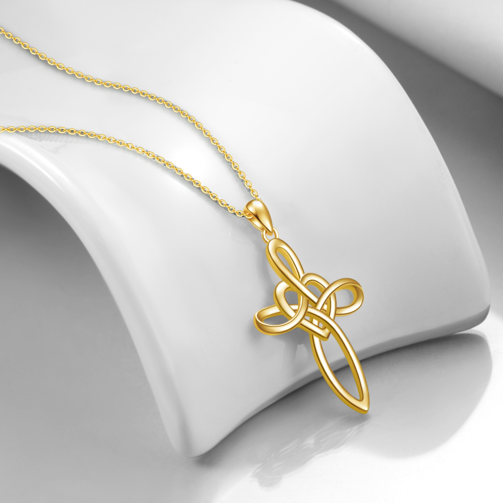 10K Gold Cross Knot & Heart Pendant Necklace-5