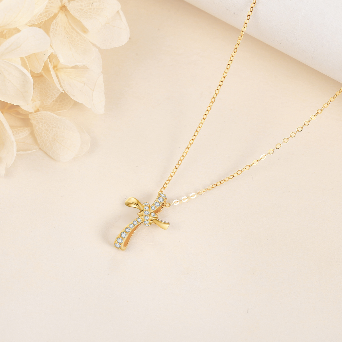 10K Gold Cubic Zirconia Cross Knot Necklace for Women-4