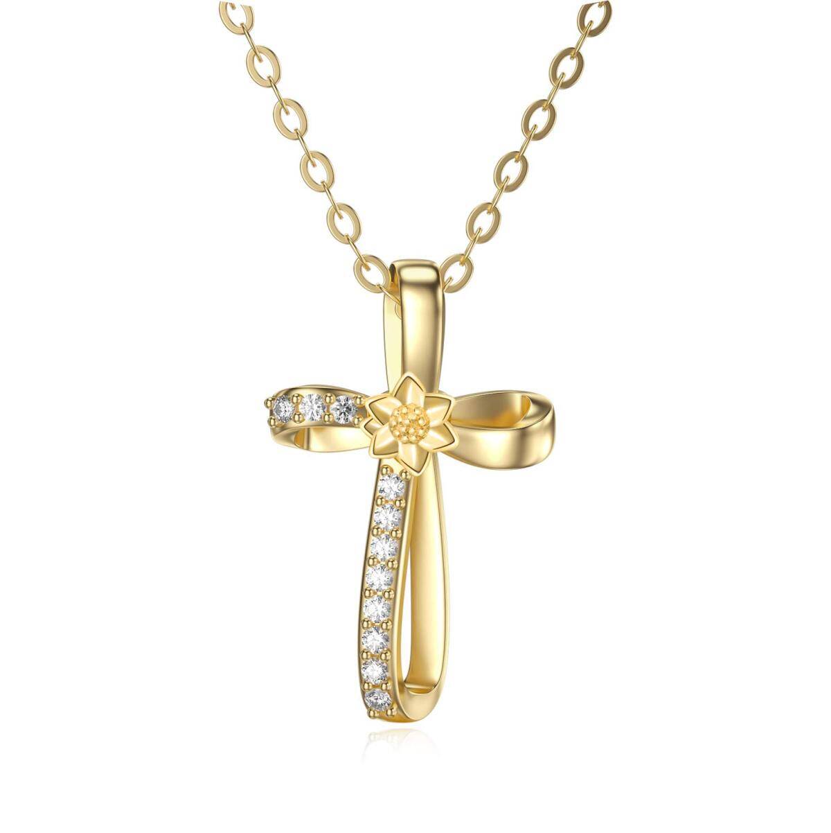 Collier en or 14K avec pendentif croix en zircon cubique-1