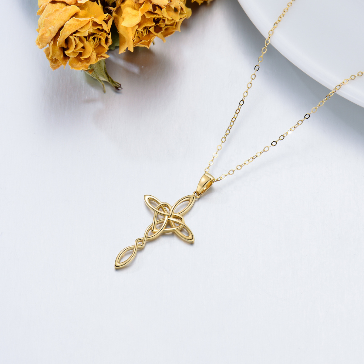 10K Gold Cross Knot Pendant Necklace-4