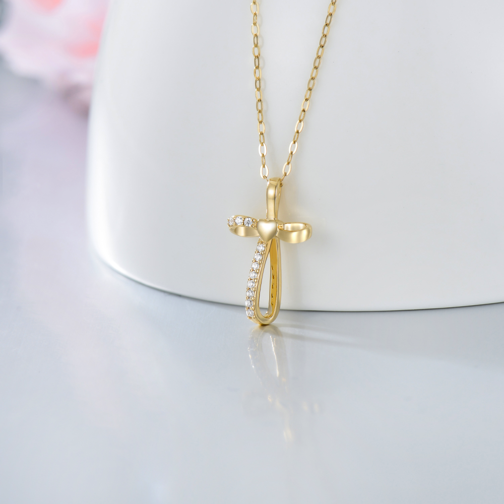 10K Gold Cubic Zirconia Cross Knot Pendant Necklace-3