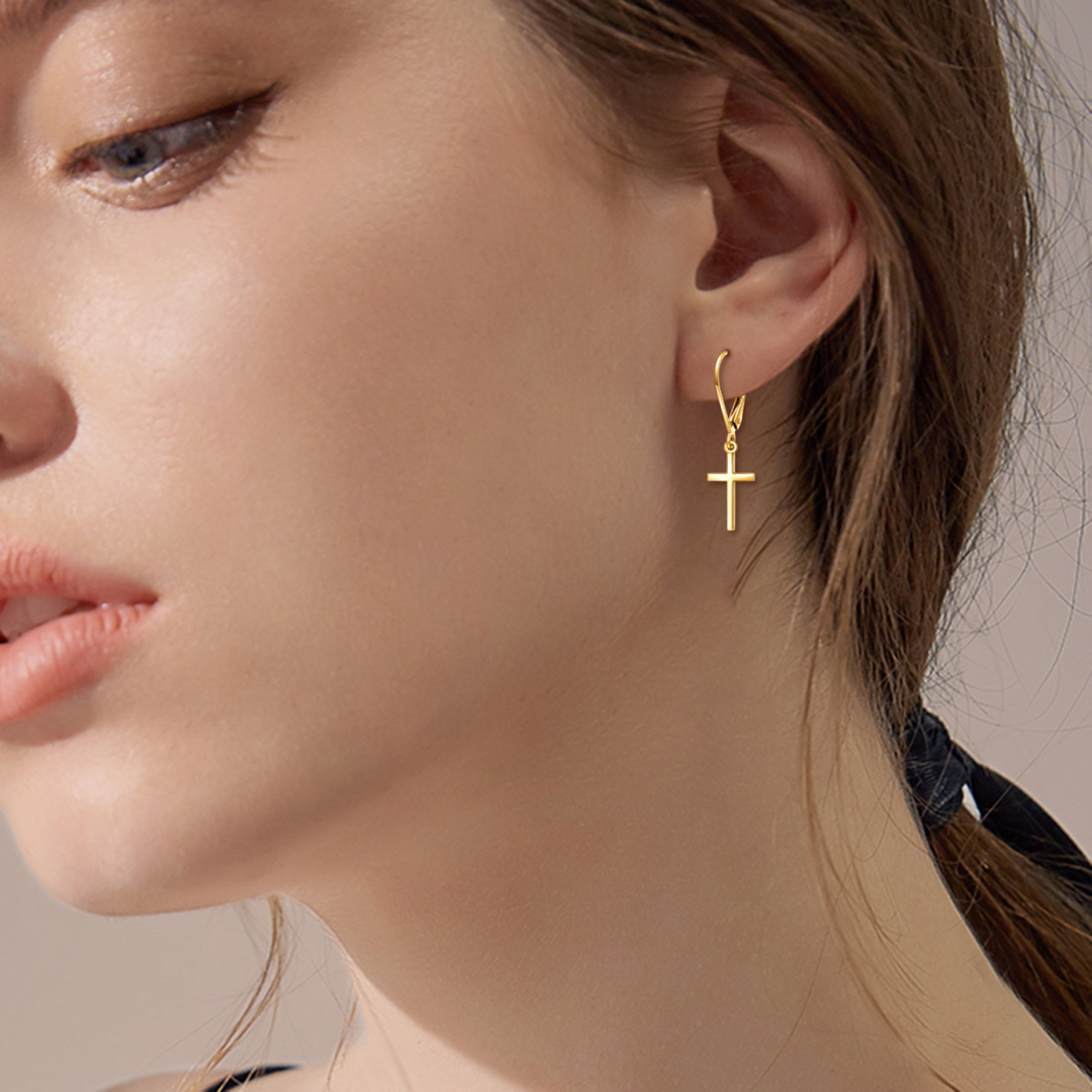 14K Gold Cross Lever-back Earrings-2