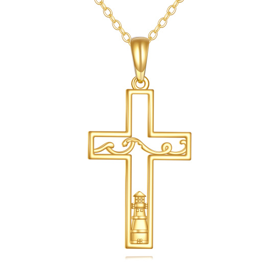 14Kゴールドの十字架＆灯台ペンダントネックレス