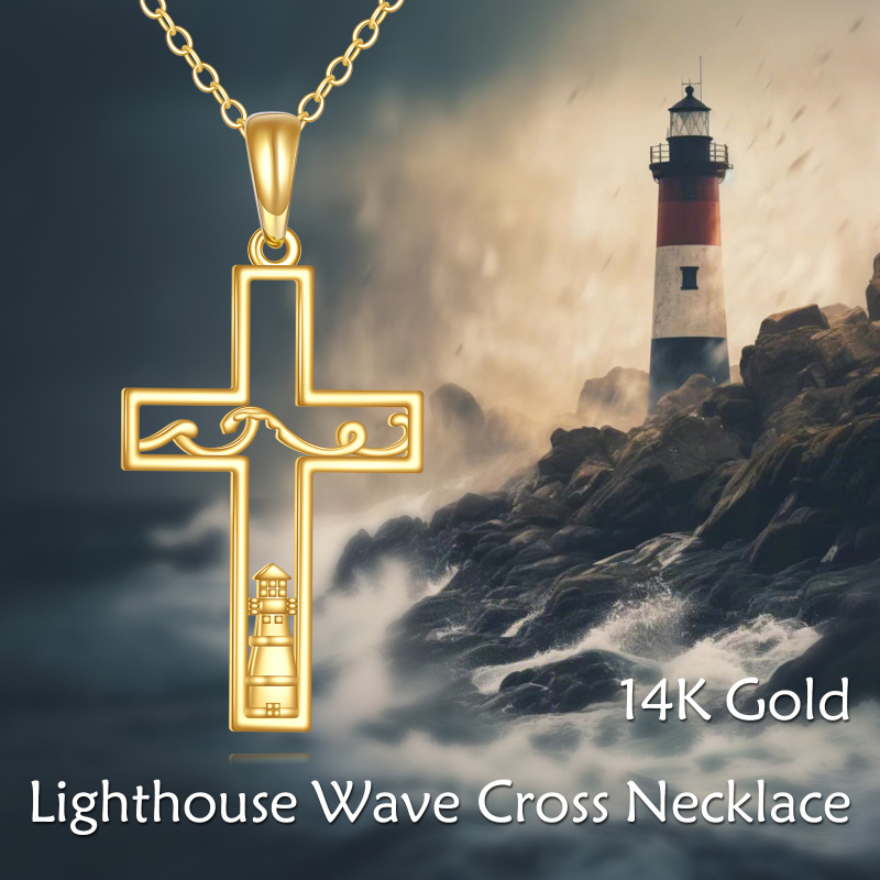 Collar con colgante de cruz y faro en oro de 14 quilates-5
