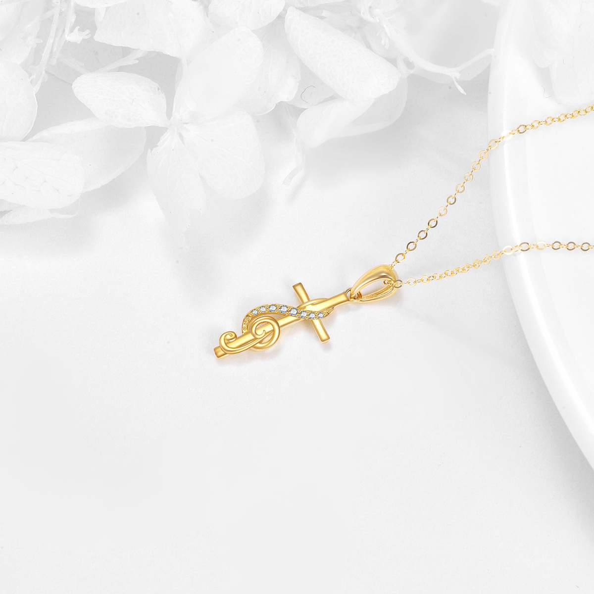 10K Gold Cubic Zirconia Cross & Music Symbol Pendant Necklace-3