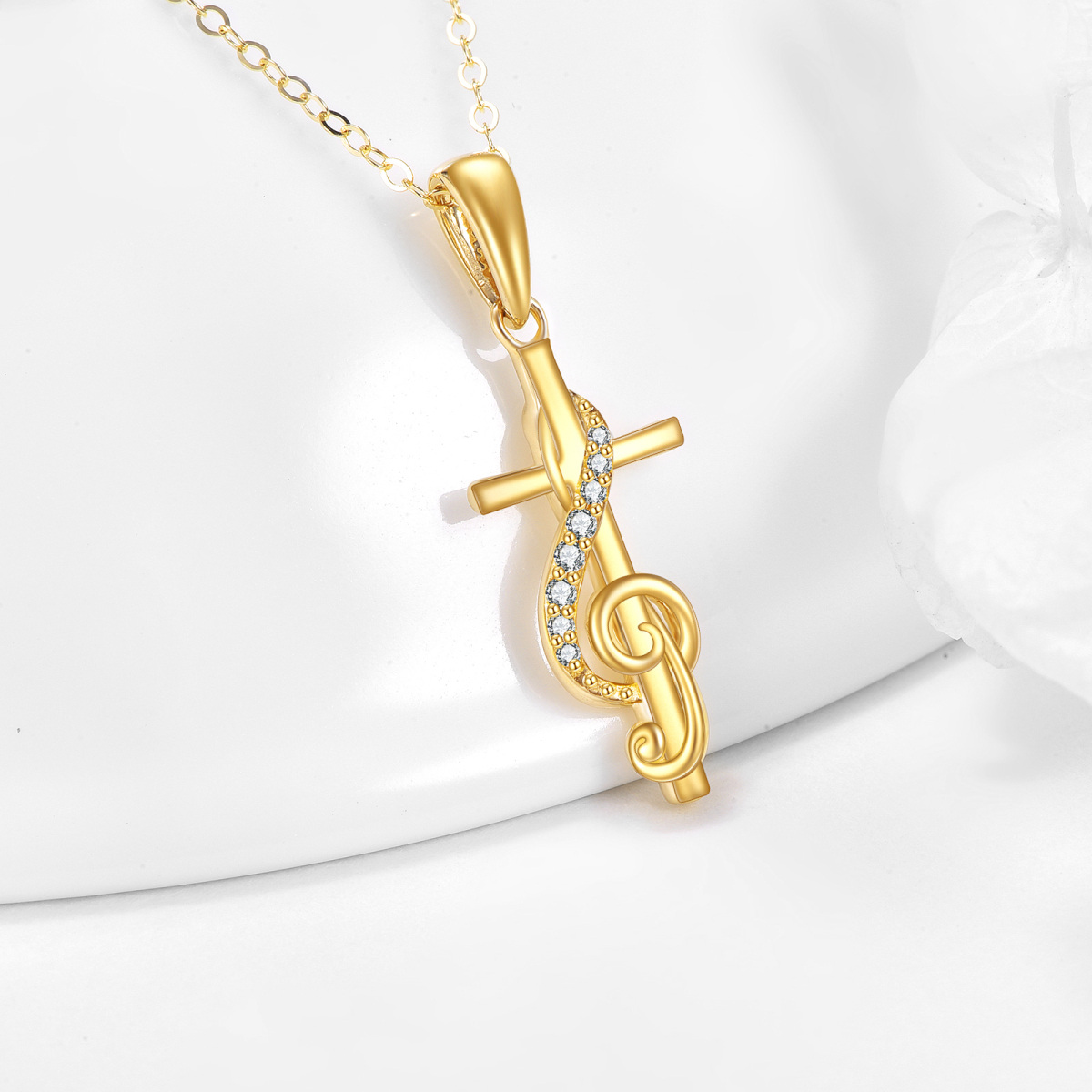 10K Gold Cubic Zirconia Cross & Music Symbol Pendant Necklace-4