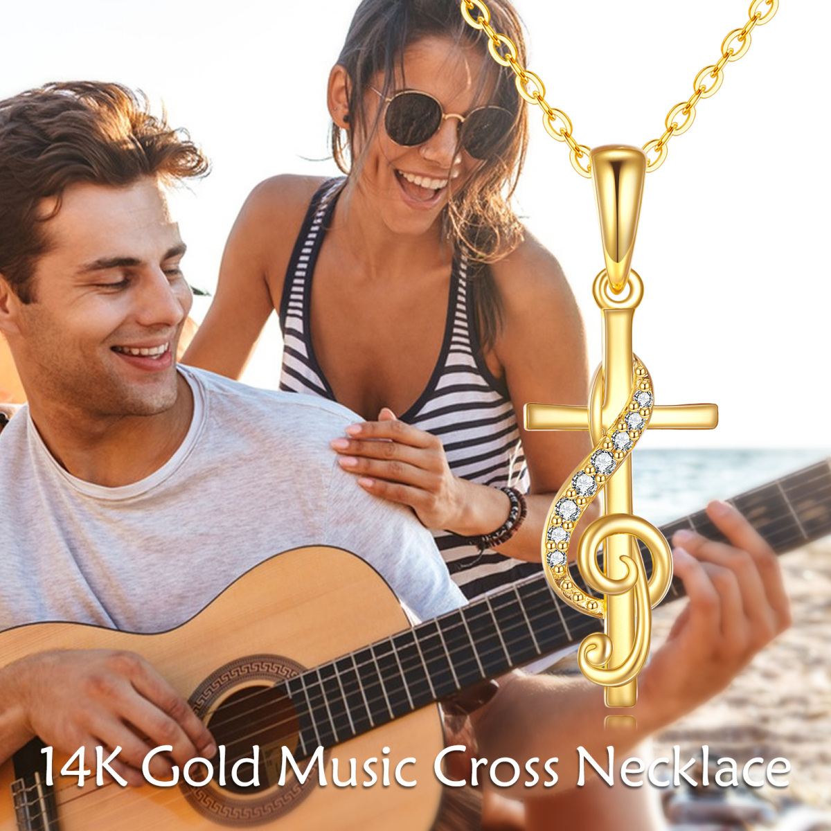 10K Gold Cubic Zirconia Cross & Music Symbol Pendant Necklace-6