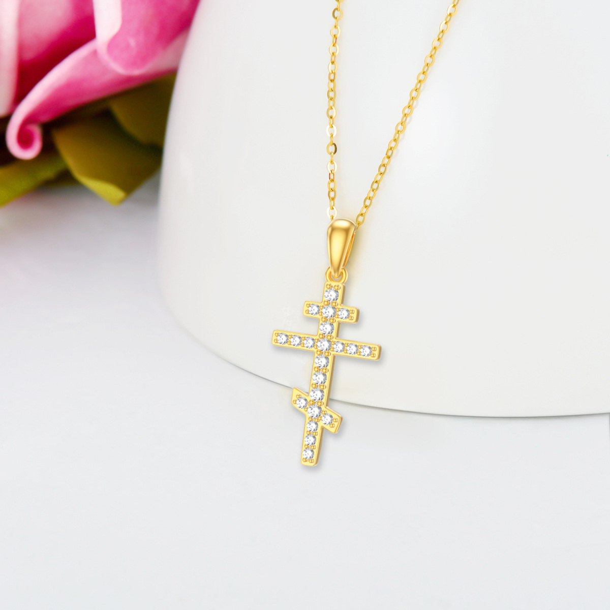 10K Gold Cubic Zirconia Cross Necklace for Women Men-3