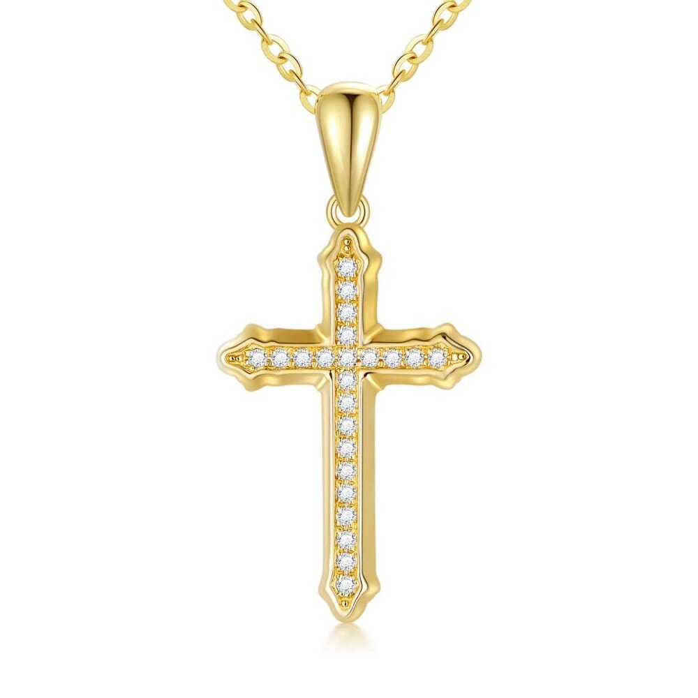 10K Gold Cubic Zirconia Cross Necklace for Women-1