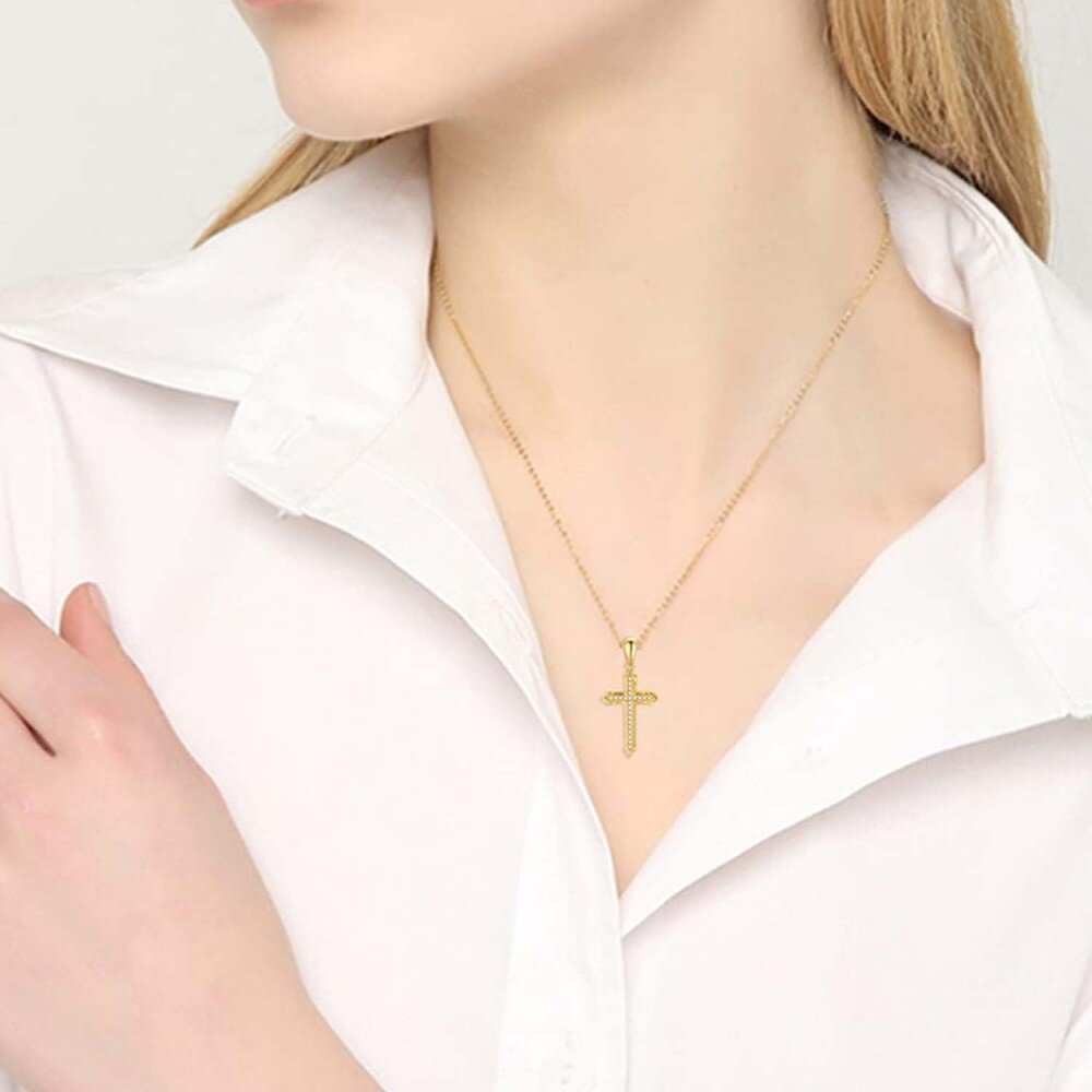 10K Gold Cubic Zirconia Cross Necklace for Women-2