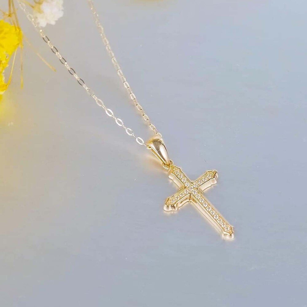 10K Gold Cubic Zirconia Cross Necklace for Women-3