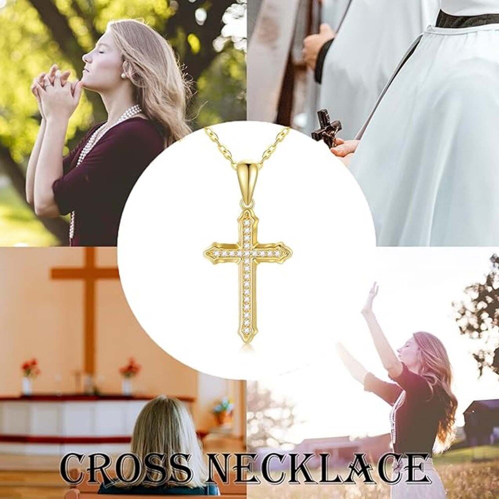 10K Gold Cubic Zirconia Cross Necklace for Women-5