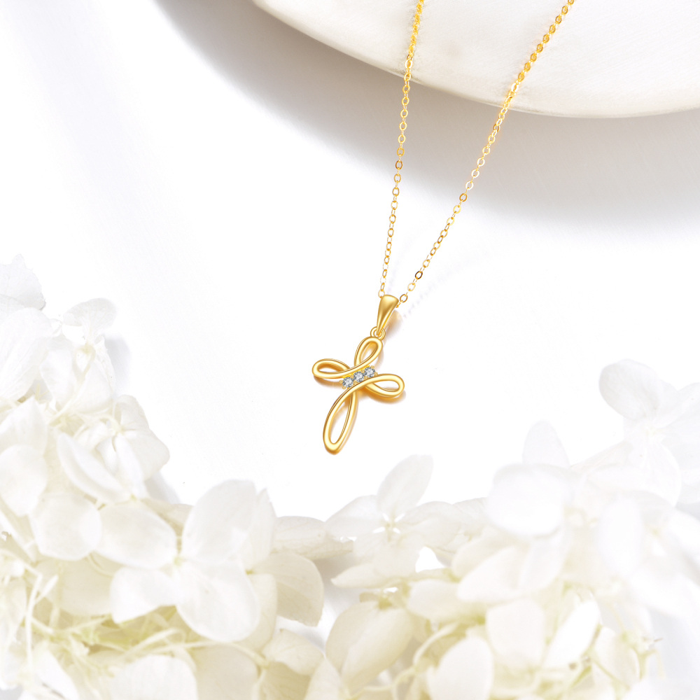 Collana con croce in zirconia cubica in oro 10K per donna-3