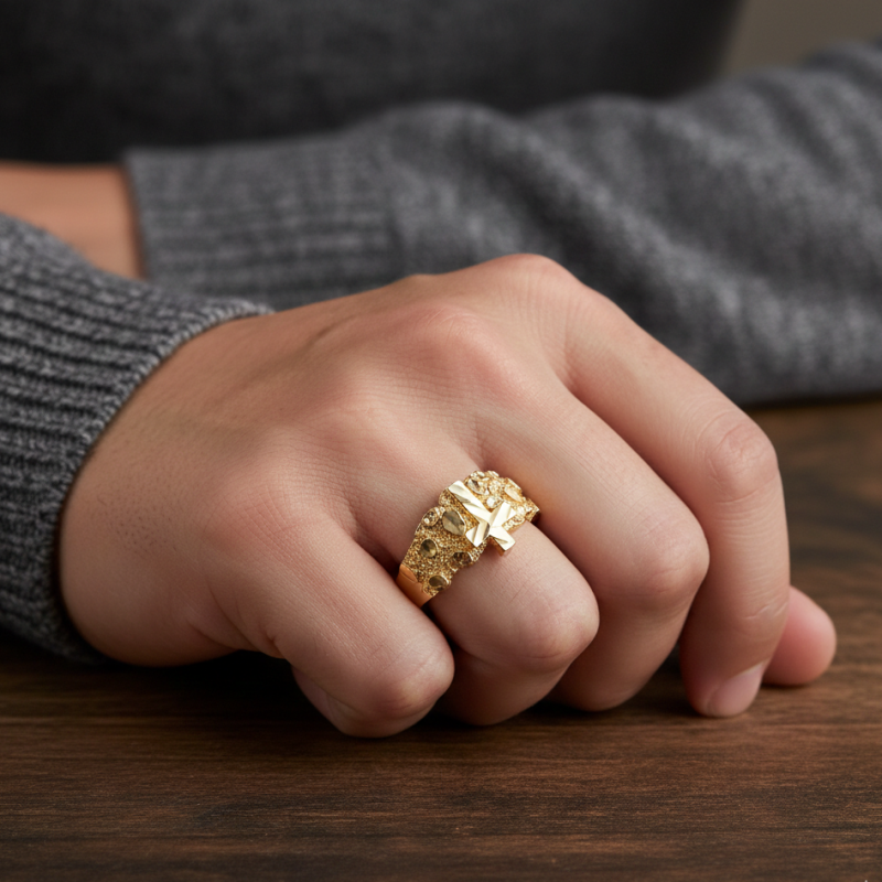 10K Gold Cross Nugget Ring for Men-2