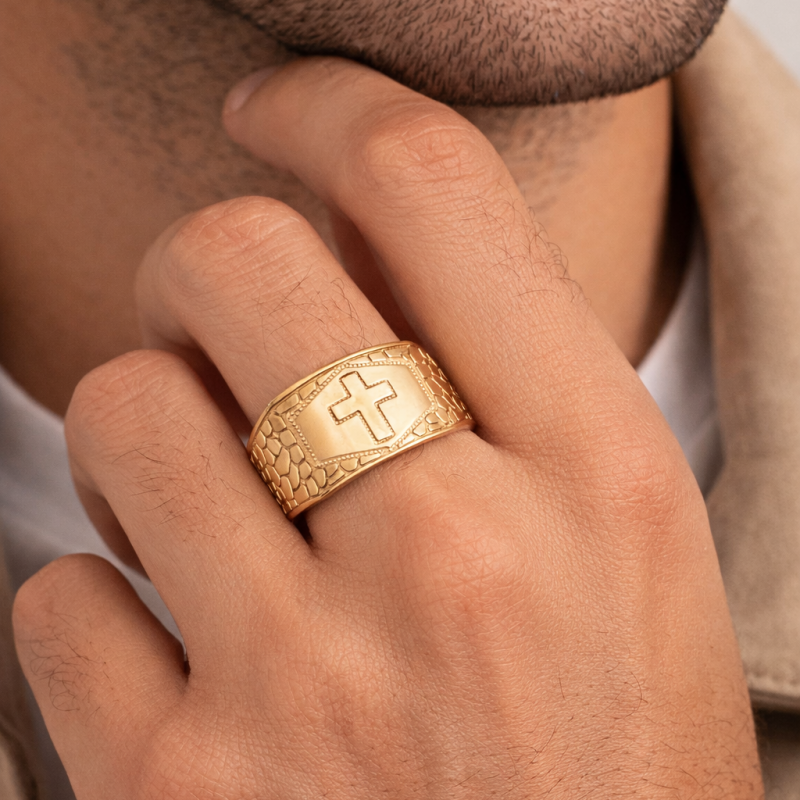 Anillo de pepita de cruz de oro de 14 quilates para hombres-2