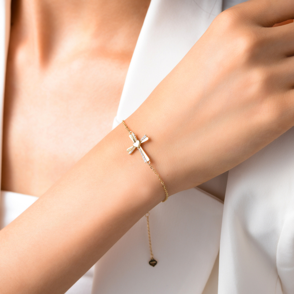 Pulseiras de cruz de coração de zircônia cúbica em ouro amarelo 10K para mulheres-2