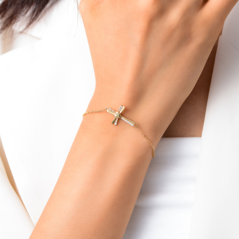 Pulseiras de cruz de coração de zircônia cúbica em ouro amarelo 10K para mulheres-3