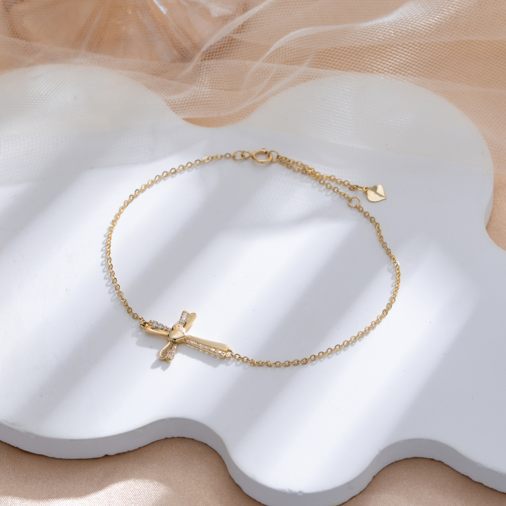Pulseiras de cruz de coração de zircônia cúbica em ouro amarelo 10K para mulheres-5