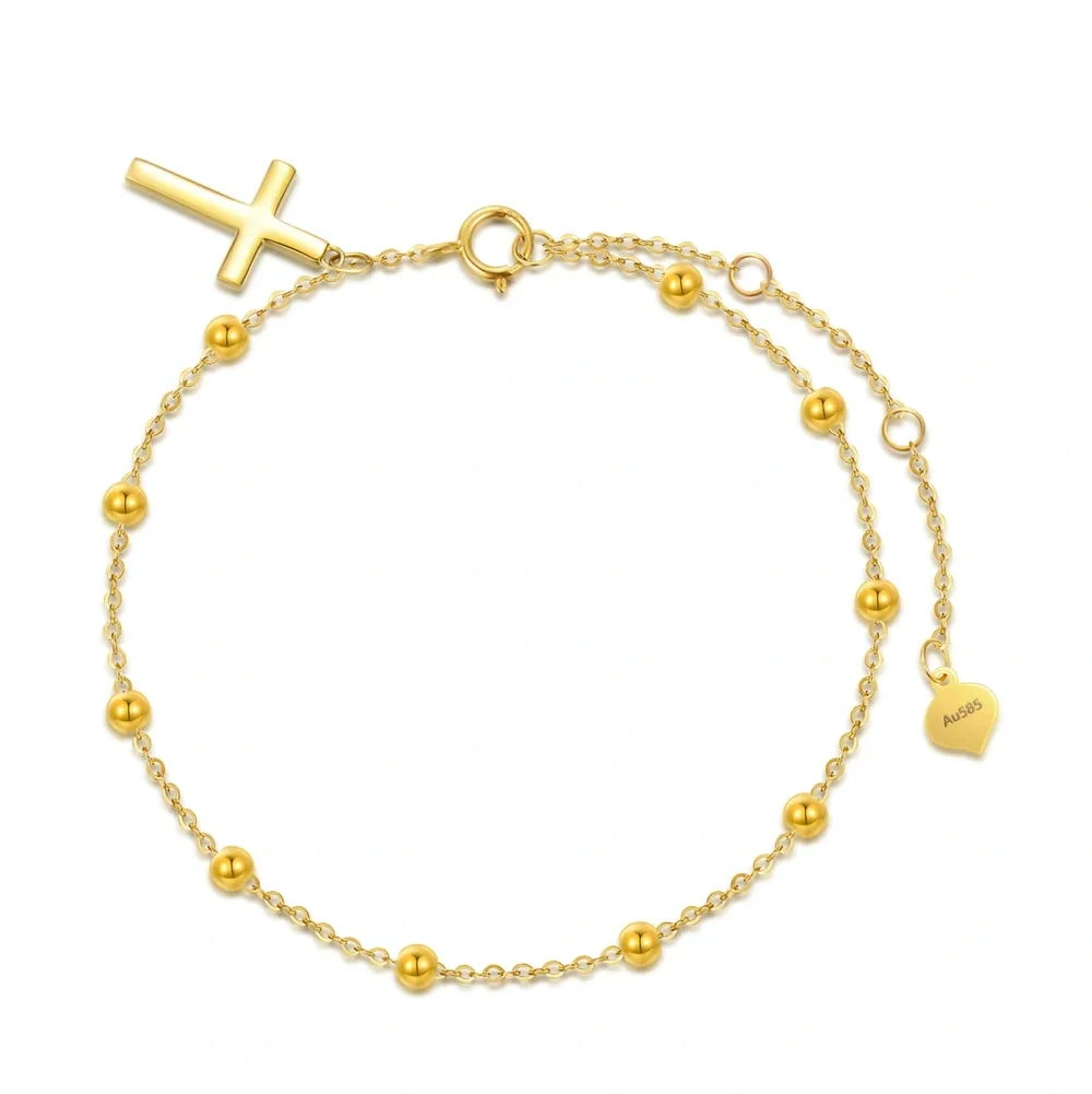 Pulsera de oro de 14 quilates con cruz y corazón con cadena de cuentas de oro macizo para mujer-1