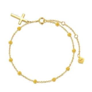 10K Gold Cross & Heart Bracelet With Solid Gold Bead Station Chain For Women-25