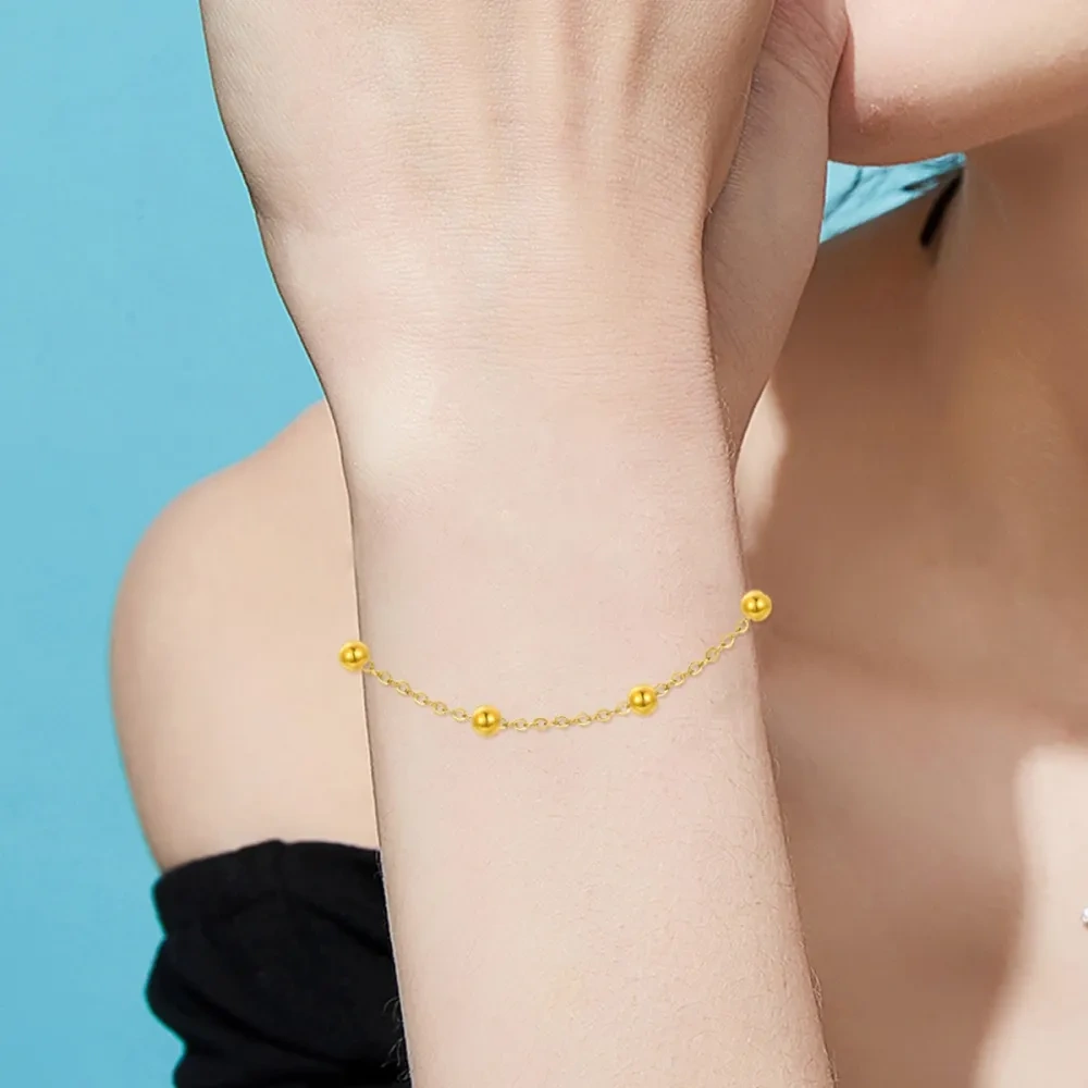 Pulsera de oro de 14 quilates con cruz y corazón con cadena de cuentas de oro macizo para mujer-2